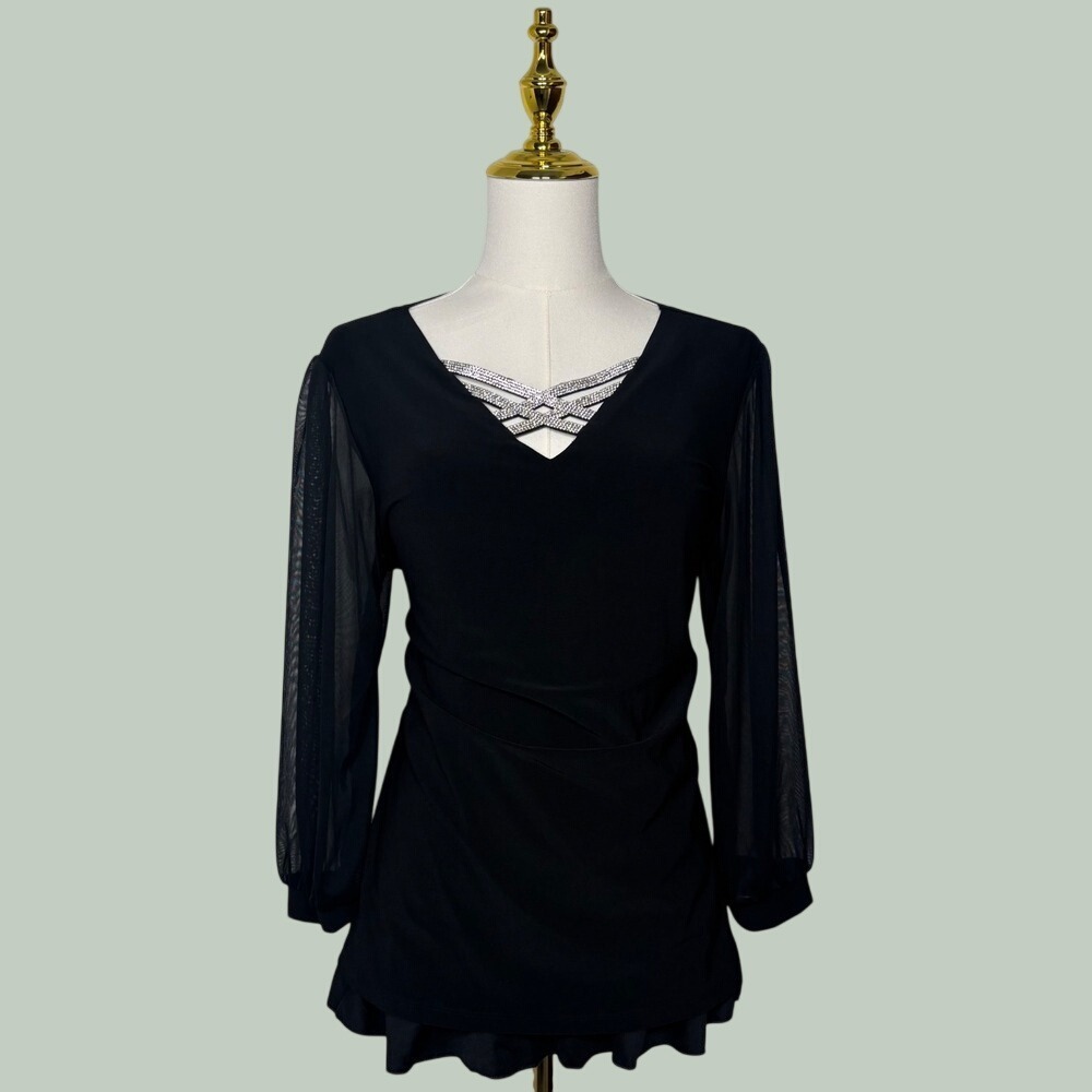 formal black long sheer sleeve rhinestone vneck blouse coquette old money office